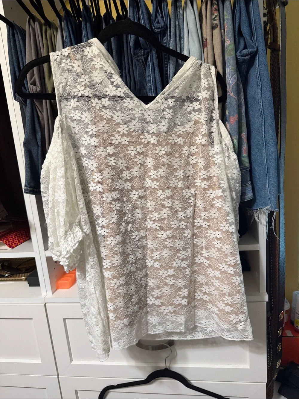 Women's White Lace Cold-Shoulder Top